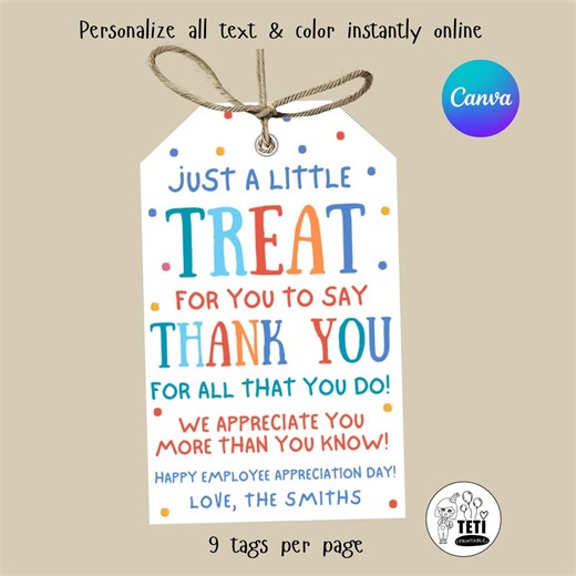Employee Appreciation Day Tags, Printable Employee Treats Tag to Say Thank You Staff Appreciation Gift, Editable Canva - Etsy