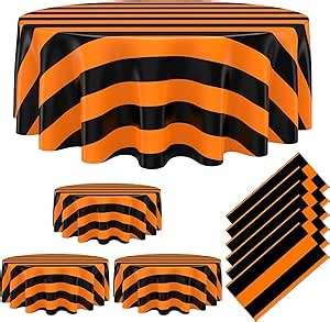 Tatuo 6 Pcs Black and Orange Round Circus Table Cloth 84 Inch Carnival Circus Tablecloths Striped Disposable Plastic Table Cover for Birthday Party Fiesta Theme Decorations Supplies
