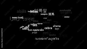 Zebra Translated in 44 Worldwide Languages Endless Looping 3d Zooming Wordcloud Mask
