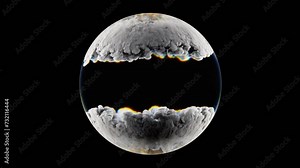 3d render of abstract art video animation with surreal glass ball sphere with prism dispersion effect with a core atomic explosion inside with growing fluid smoke cloud structure on black background