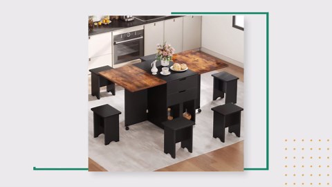 DWVO 7 Pieces Folding Extendable Dining Table Set with 6 Chairs for 6 Peoples 66.9" Drop Leaf Wood Kitchen Dining Room Table Set with 2 Storage Drawers & Wheel for Small Space Saving Rustic Brown