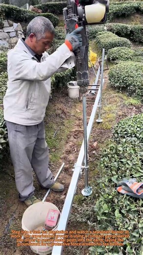 "Tea Farmer Installs Protective Fence with Gas-Powered Pile Driver"