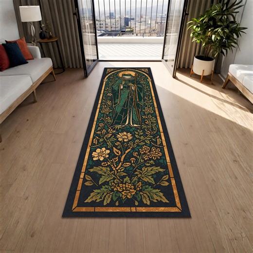 Art Nouveau Stained Glass Runner Rug With Floral Figure Design, Vintage Hallway and Entryway Carpet Decor - Etsy