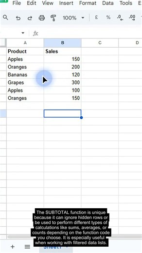 SUBTOTAL Function in Google Sheets — Formula #340 of 500 #Shorts