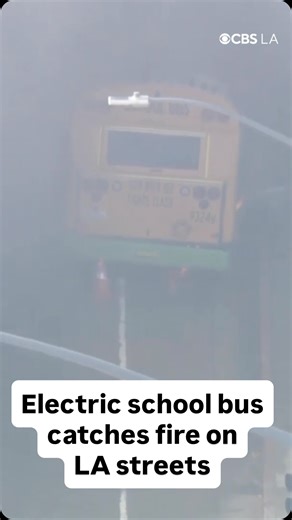 6K views · 994 reactions | An electric school bus used by the Los Angeles Unified School District caught fire on the streets of Sunland on Wednesday morning. No children were aboard at the time, and the driver was transported to a local hospital for minor smoke inhalation injuries. The bulk of the fire was knocked down by 10:55 a.m. Wednesday morning, according to the LAFD. #fire #schoolbus #sunland #socal #california #cbsnews #breakingnews #thedesk #cbsla | CBS LA | Facebook
