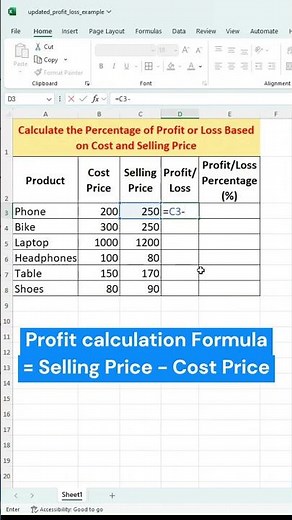 How to Calculate Percentage Profit and Loss in Excel #ExcelTips #ExcelTricks #Shorts