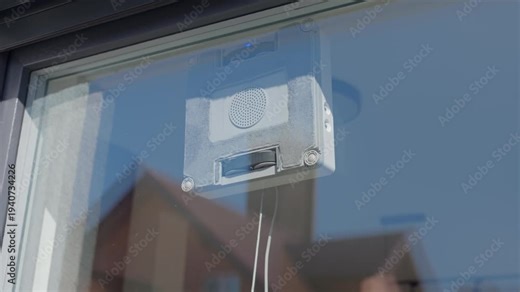 Window cleaning robot moves on glass window with cable. Concept of smart home cleaning