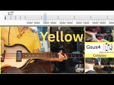 YELLOW by Coldplay - Bass Tablature (TAB), Guitar Chords & Lyrics - Play Along and Demo @TeacherBob