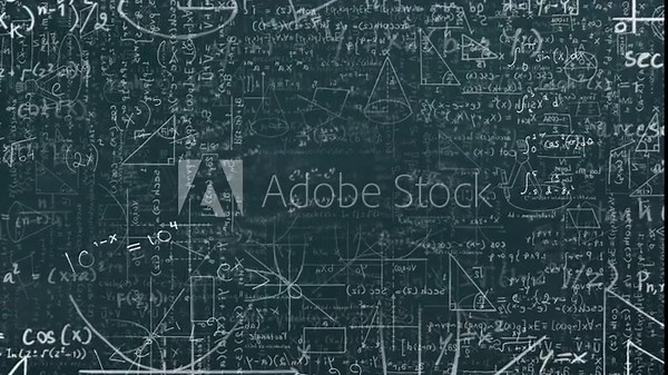 Animation of mathematical equation and diagrams over blackboard