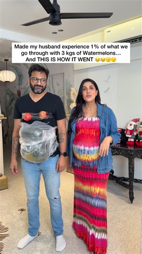 Simone on Instagram: "Made my husband try the viral watermelon pregnancy challenge.😂😅😂 He lasted 10 minutes with two watermelons, pomegranate boobs, and zero contractions.😆😆😆 Turns out that he FINALLY thinks pregnancy is “actually quite tough” 🤐🙄😅 And now hopefully I’ll get an epic push present. Right @karanogram !?! EVERY father to be needs to try this !!!!!! I insist ! 🤪 #pregnant #pregnancy #preggolife #pregnancylife #momof3"