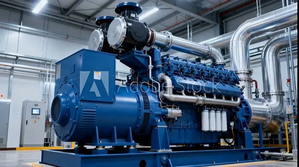 Medium shot of a generator powered by waste heat recovery its components humming quietly as energy is efficiently transformed in a hightech facility