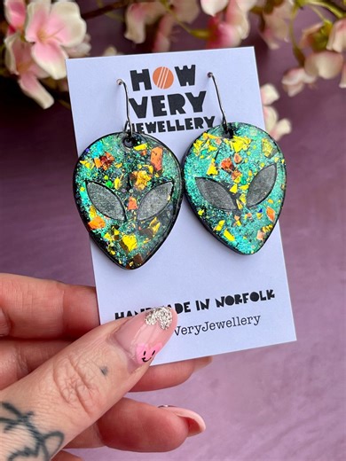 Alien Head Statement Earrings – Teal Aurora Glitter Space Jewellery - Etsy