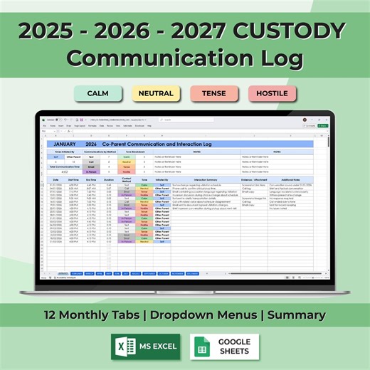 Custody Communication Log Spreadsheet 2026 2027, Co Parenting Communication Tracker, Court Documentation, Excel Google Sheets Template - Etsy