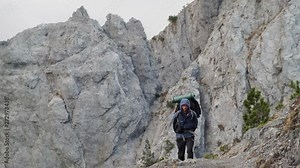 Hiking from the famous Valbona to Theth valley. Valbone to Thethi in the Albanian Alps. Man backpacking and camping in the mountains.