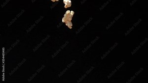Popcorn falling down to the ground on black background in Slow Motion
