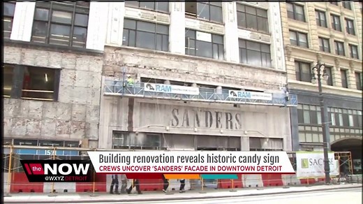 Construction crews uncovered the historic Sanders candy sign while doing renovations on a building on Woodward Ave. in downtown Detroit. | WXYZ-TV Channel 7