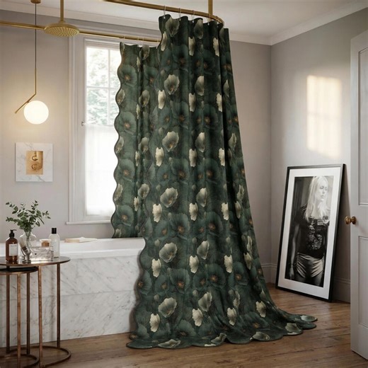 Luxury Green Shower Curtain With Piping, Designer Bathroom Curtain, Standard or Long Length, Elegant Printed Bath Décor, Scallop Edge - Etsy