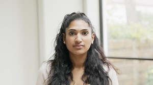 Woman looking up into camera lens