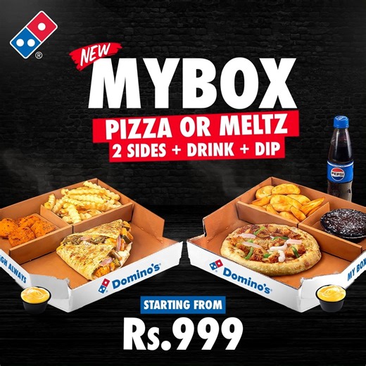 6.7M views · 4.4K reactions | Unbox Happiness for Rs. 999! Get your custom Domino’s Pizza MYBOX with a Pizza or Meltz, two sides, and a drink. Perfectly packed for your cravings!  Place an order at https://www.dominos.com.pk/deals | 021-111-366-466 OR Download the app: Play Store - https://bit.ly/2Wptg9p App Store - https://apple.co/2ZbXiKV #DominosPakistan #GreatnessbyDominos #MoreValue #MYBOX #HungryForMore | Domino's Pizza | Facebook