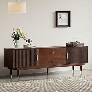 XEW Walnut TV Stand for 75 inch TV, 66.9" Entertainment Center with 2 Storage Cabinet & 2 Drawers, Modern TV Console, Mid Century Media Console for Living Room/Bedroom