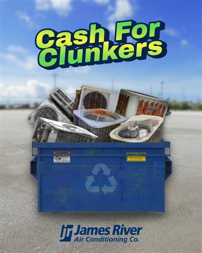 Dump your old clunker for CASH! 💵♻️ Trade in your old system and get: 💰 Up to $4,000 credit 💳 Special financing 🌬️ FREE IAQ Bundle — T10 thermostat UV Blue Tube ($1,500 value!) Deals like this don’t last long, call James River Air today!🤑 #CashForClunkers #RichmondHVAC #JamesRiverAir #HVAC #Heating #Cooling #Plumbing #Electrical #Residential | James River Air Conditioning Company