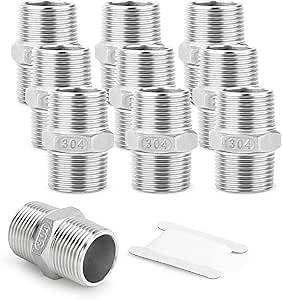 10PCS 304 Stainless Steel Hex Nipple, 1/2" Male NPT Straight Head Pipe Adapter Fittings, Equal Nipples Connectors for Oil, Water Line, Gas