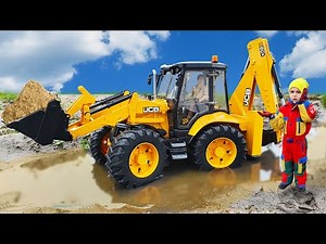 Excavator loader JCB Bruder stuck in the mud - Dump truck pulled it out
