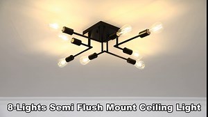 ASGYISA 8-Lights Semi Flush Mount Ceiling Light Fixture Modern Metal Black Sputnik Chandeliers with E26 Bulb Base Close to Ceiling Light for Kitchen Dining Room Living Room Hallway Bedroom