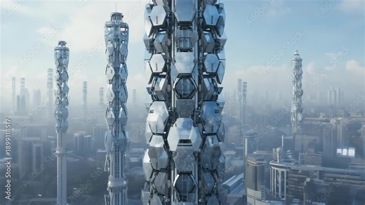 Tall towers built from hexagonal blocks stand in a busy skyline. Surrounding structures feature air-cleaning technology. The scene shows a modern urban area with advanced architecture