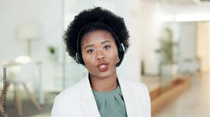Portrait of interpreter talking, wearing headset and translating foreign language to local speakers in office. Confident and friendly translator with afro hosting online conference call for diplomats Stock Video
