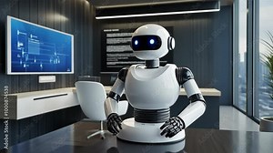 A white robot sits at a desk in a modern office, with a large screen displaying data in the background