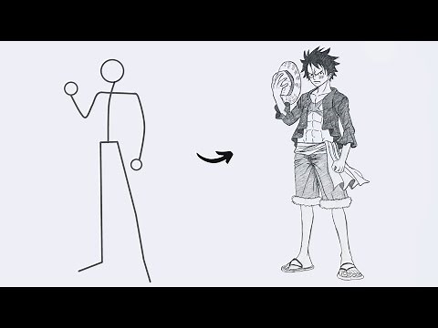 How to draw Monkey D. Luffy Full Body out of Stick Man | Easy Step by Step