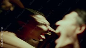 Distorting mirror reflection of man with bare torso and long hair screaming emotionally in pain or rage, creating powerful scene of being trapped between reality and nightmare