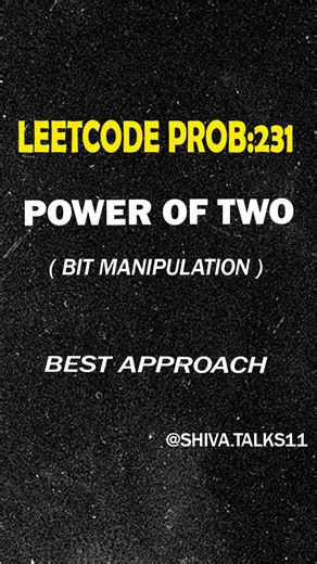 codewith_shiva on Instagram: "COMMENT "CODE" Check power of two using AND operation 👀 Solved LeetCode 231 with a smart bitwise trick 🔥 Must-know problem for bit manipulation interviews 💡 Follow for daily Java + DSA content #viral#explore#trendingréels #leetcode #dsa #javacoding #java #codingreels #reels #reelsinstagram #reelsviral #explorepage #interviewprep #codingjourney #learncoding #programming #developerlife #techreels #reelsindia #indiandeveloper #btechlife #student