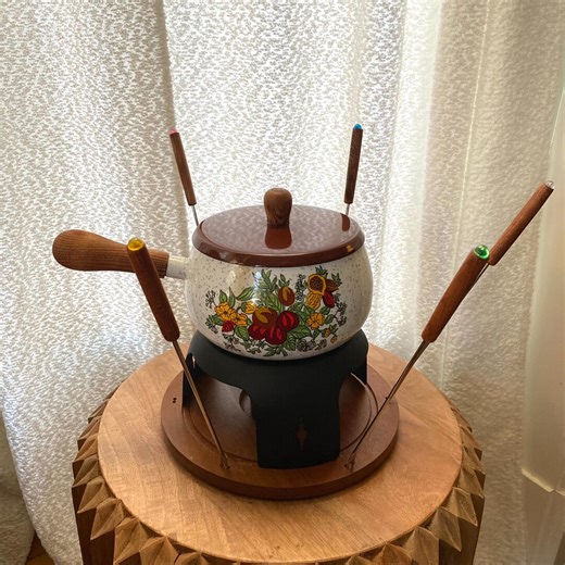 Vintage 1977 Fondue Set Porcelain Enamel Pot Floral Design - Original Box - Etsy
