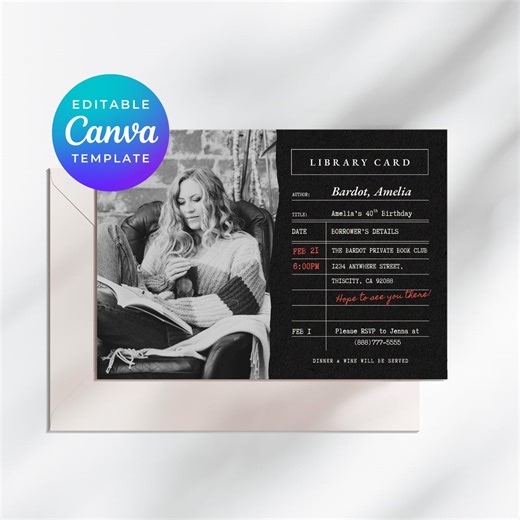 Library Card Birthday Invitation, Editable Photo Canva Template, Printable Library Theme Party Invite, Book Lover Invite, 40th Birthday 0153 - Etsy