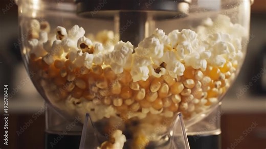 Popcorn maker machine popping corn kernels into fluffy popcorn snack, close-up