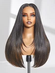 GORGIUS Brown Highlighted Straight Lace Front Wigs Pre Cut Wear and Go Glueless Glueless Layered Wig Middle Part Fiber Blend Human Hair Frontal Wig with Natural Hairline 24 Inch