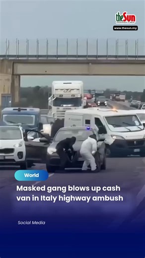The Sun Malaysia on Instagram: "10 Feb 2026: A gang of masked robbers armed with assault rifles ambushed an armoured cash van on a southern Italy highway yesterday (Feb 9). They blocked traffic with burning vehicles and detonated explosives to breach the transporter. A foam-based security system prevented access to the cash. Shots were exchanged with police, two suspects were arrested, while others fled. No injuries were reported.⁠ ⁠ @thesundaily⁠ #theSun #theSunMY #ItalyCrime #HighwayRobbery #C