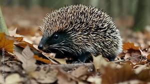 Small hedgehog is making its way through a bed of dry autumn leaves, sniffing the ground in search of something to eat
