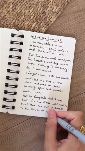 Brittany Litster on Instagram: "God of the impossible (a prayer) I measure odds. I count resources. I stack evidence, and then I call it faith. But You speak, and oceans part. You breathe, and dry bones rise. Nothing is too heavy for the hand that hung the stars. I forget this. Yet You remain. Let me live as one who believes in seas splitting open and hearts made new. Not in fairy-tale foolishness, but in the fierce, wild truth that You are not confined to the limits of what I see. Amen From my