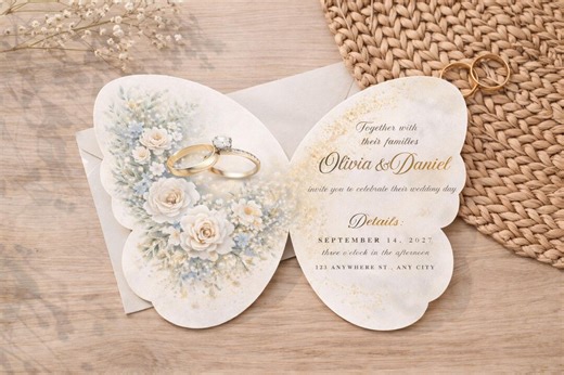 Editable Butterfly Shaped Watercolor Digital Wedding Invite-personalized Unique Blue Invitation Flower Lace Gold Rings Custom Canva Template - Etsy