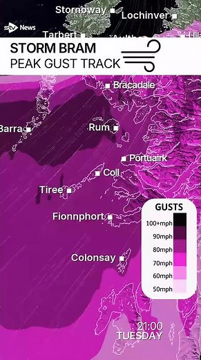 Where will the strongest gusts be during Storm Bram?