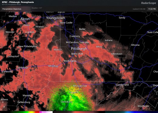 Midnight Radar Update: Freezing rain continues to move into the area. Locations near Morgantown have warmed above freezing. The warmup from the south will continue overnight as we slowly warm above 32°F. By sunrise, most of the area outside of the Laurels and along/north of I-80 should be above freezing. *Note: No radar can determine exactly what precipitation type is occurring at the ground level. Colors are approximated based on ground observations and modeled conditions. | US National Weather