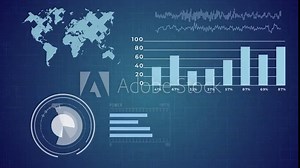 Animated futuristic infographic with world map, pie chart, sound waves. This change schedule the work of the radar and the selection of coordinates. The movement of the blue screen on the background