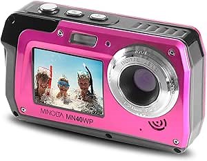 Minolta MN40WP 48MP Waterproof Digital Camera – Dual LCD Screens, 2.7K QHD Video, 16x Digital Zoom, Anti-Shake, Face Detection, 10ft Waterproof (Pink)