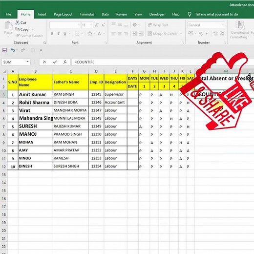 how to Auto Calculate Present and Absent in Attendance sheet in excel sheet