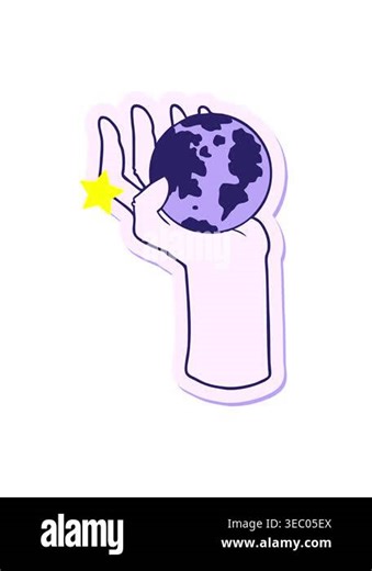 twinkling stars effect animation of sticker of a cartoon hand holding whole earth Stock Video Footage - Alamy