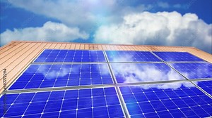 Mirror solar panels with reflection of sky on building wall