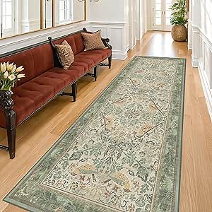 2'6"x8' Long Hallway Runner Rug - Vintage Botanical Wide Runners for Kitchen Bedroom Hall Way, Washable Non Slip with Rubber Backing, Light Green Sage Floral Décor